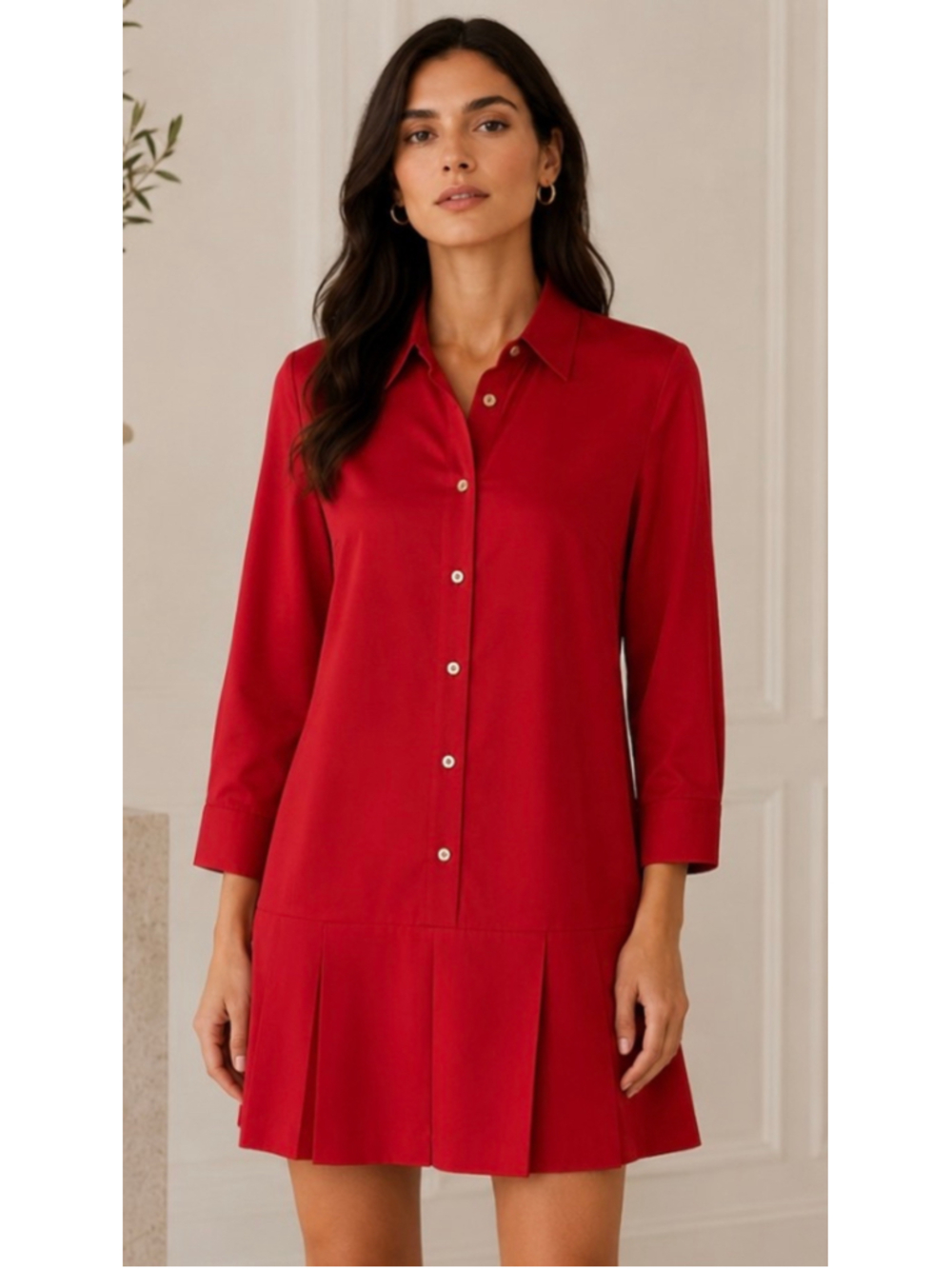 Prada Red Pleated Mini 100% Silk Shirt Dress Size 10 Preppy